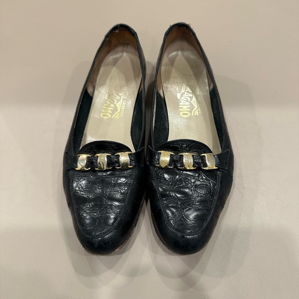 Vintage Salvatore Ferragamo Black Leather Loafers with Gold Chain Accent